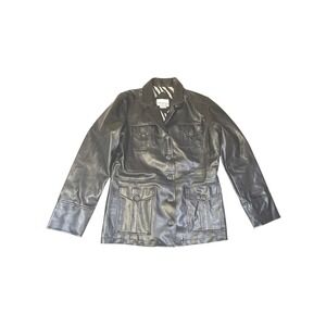 VINTAGE Carolina Colours Black Faux Leather Belted Utility Jacket Womens Size M